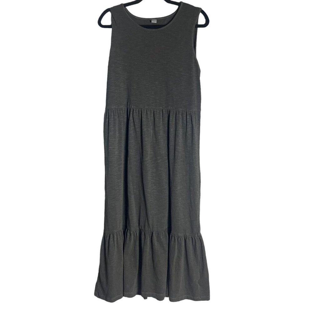 Old Navy Prairie Dress L Long Gray Tiered Cotton Knit Cottagecore Maxi